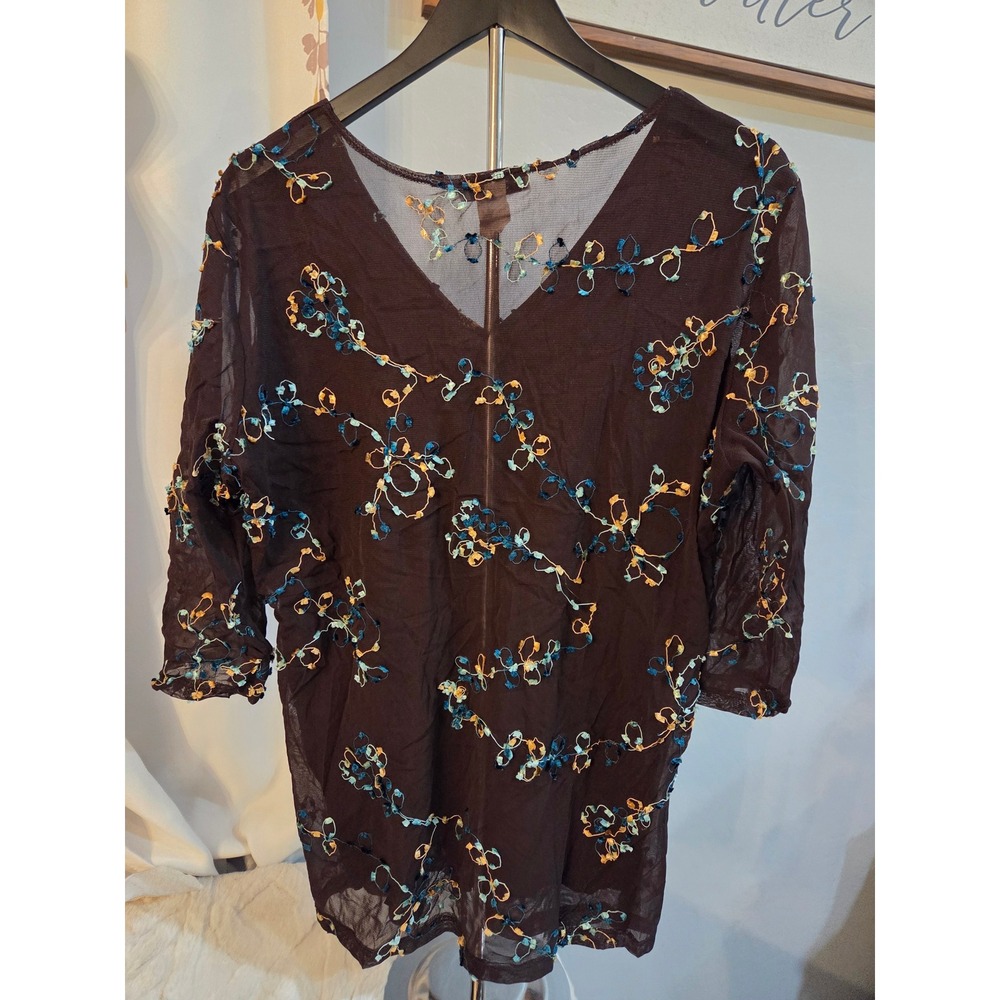 Vintage Only 9 Sheer Mesh Tunic Top Floral Embroidered V-Neck 3/4 Sleeve 2XL